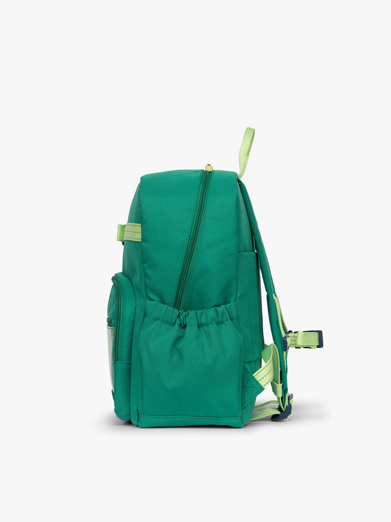 Side view of the green CALPAK Kids Medium Backpack with lime green accents on a white background