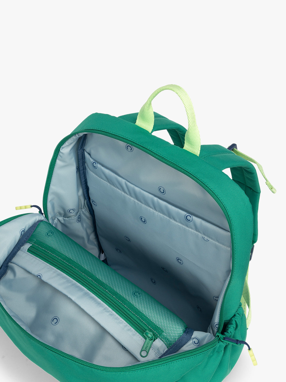 Opened view with blue interior of the Green CALPAK Kids Medium Backpack with lime green accents on a white background; CKBM2501-GREEN