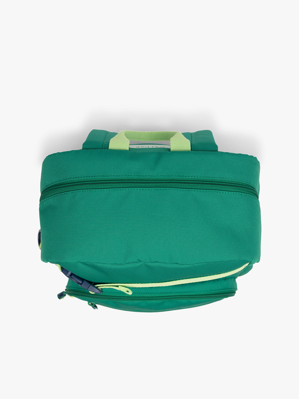 Top view of Green CALPAK Kids Medium Backpack with lime green accents on a white background; CKBM2501-GREEN