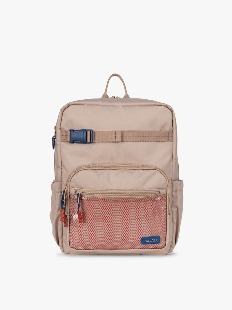CALPAK Kids Medium Backpack in brown and tan Khaki for ages 5-8 is built for your little one’s big days with dark brown and tan zippers and red mesh front pocket, multiple interior pockets, and padded comfort straps