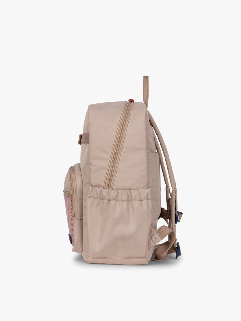 CALPAK Kids Medium Backpack in brown and tan Khaki for ages 5-8 side view with water bottle holder pocket