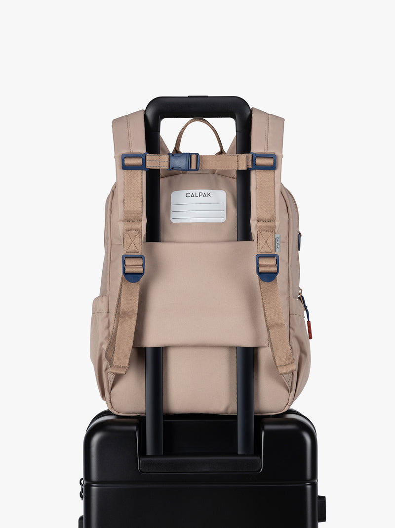 CALPAK Kids Medium Backpack in brown and tan Khaki with back luggage trolley sleeve