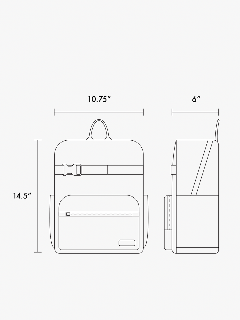 CALPAK Kids Medium Backpack line diagram drawing showing dimensions of 14.5" x 10.75" x 6"