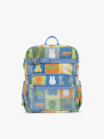 Front view of CALPAK Kids Medium Backpack with Miffy and blue colorful animal pattern on a white background; CKBM2501-MIFFY-BLUE-ZOO-TRIP view 1