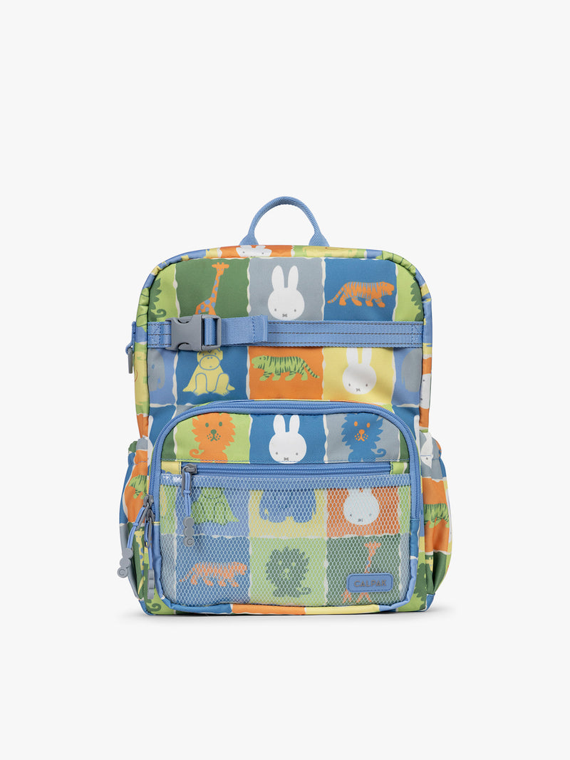 Front view of CALPAK Kids Medium Backpack with Miffy and blue colorful animal pattern on a white background
