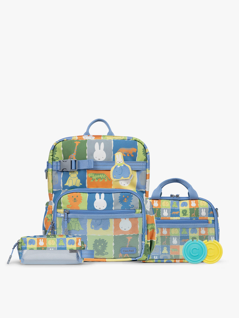 Colorful CALPAK + Miffy Kids Essentials Set with children's Medium backpack, lunch bag , pencil case set on a white background with blue accents and Miffy with other animals; BCKM5000-MIFFY-BLUE-ZOO-TRIP