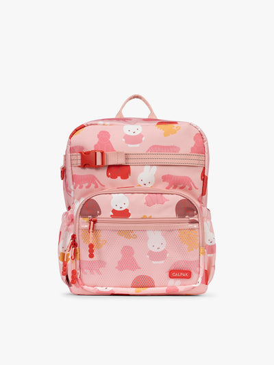 Front view of CALPAK Kids Medium Backpack with Miffy and pink colorful animal pattern on a white background; CKBM2501-MIFFY-PINK-ZOO-TRIP view 1