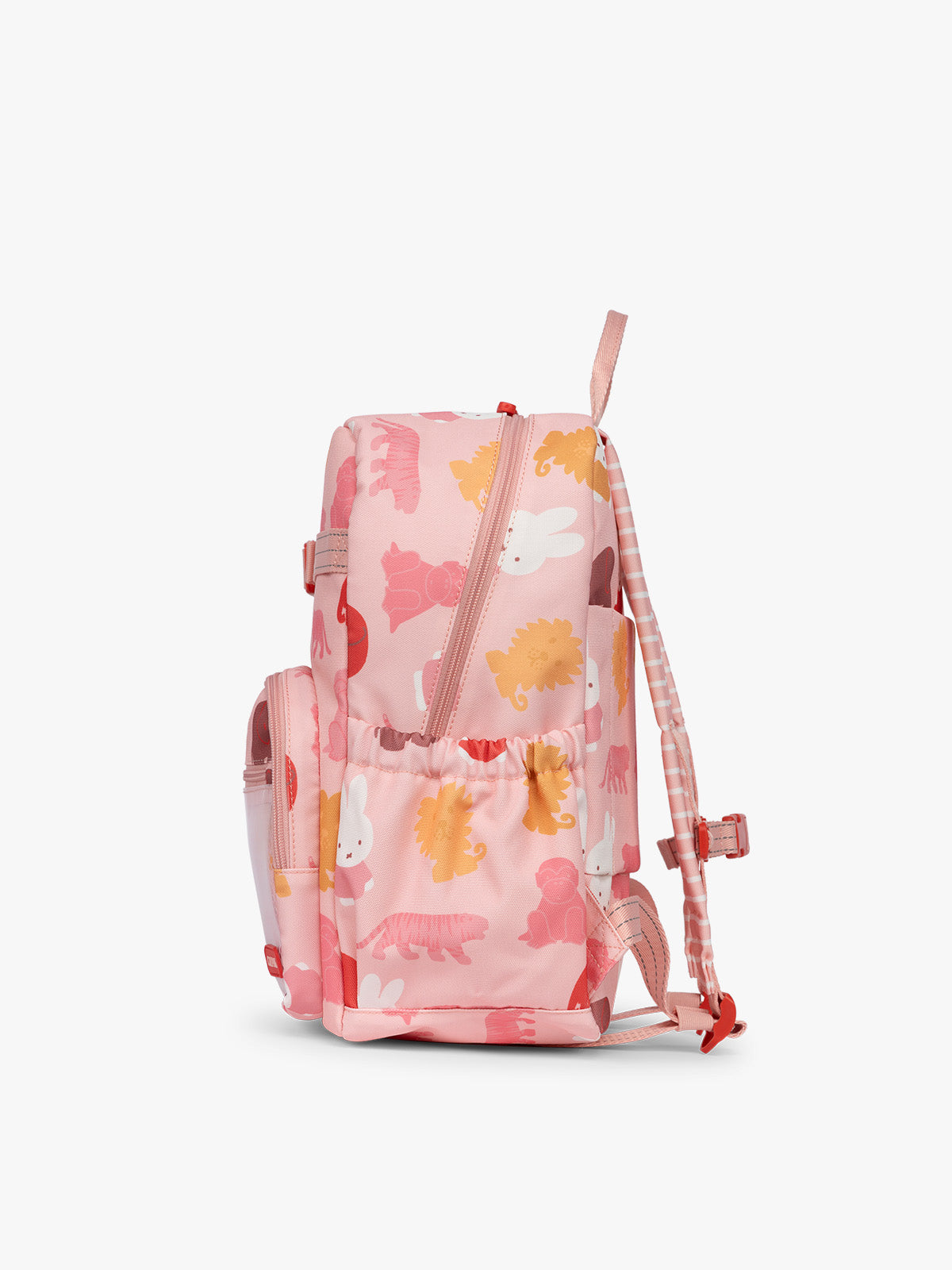 Side view of CALPAK Kids Medium Backpack with Miffy and pink colorful animal pattern on a white background; CKBM2501-MIFFY-PINK-ZOO-TRIP