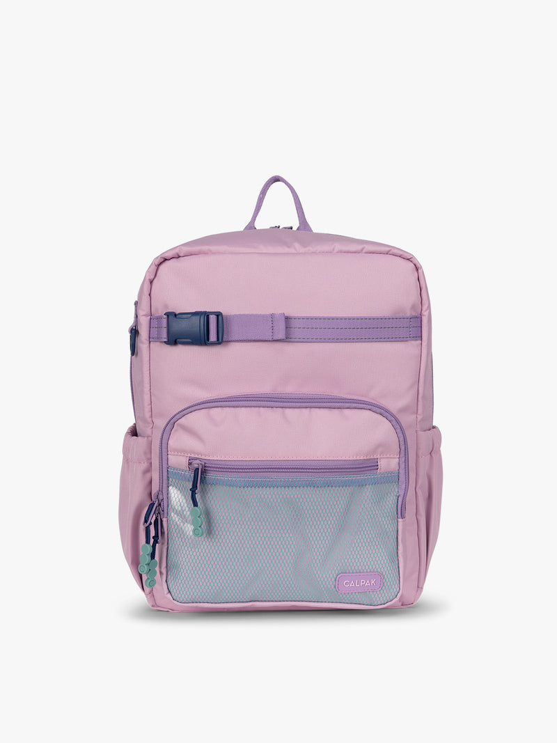 CALPAK Kids Medium Backpack in lavender pink Orchid Pink for ages 5-8 is built for your little one’s big days with lavender pink  zippers and blue mesh front pocket, multiple interior pockets, and padded comfort straps