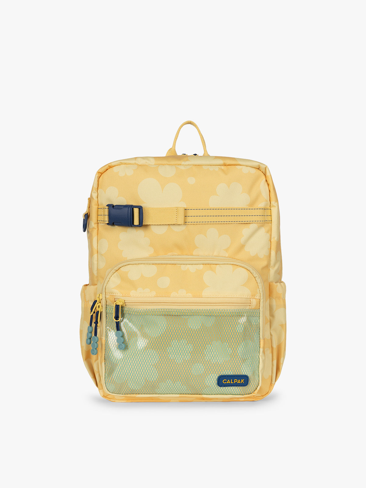 CALPAK Kids Medium Backpack in yellow with tan flower print in Yellow Bloom for ages 5-8 is built for your little one’s big days with yellow zippers and blue mesh front pocket, multiple interior pockets, and padded comfort straps; CKBM2501-YELLOW-BLOOM