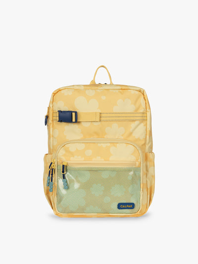 CALPAK Kids Medium Backpack in yellow with tan flower print in Yellow Bloom for ages 5-8 is built for your little one’s big days with yellow zippers and blue mesh front pocket, multiple interior pockets, and padded comfort straps; CKBM2501-YELLOW-BLOOM view 1