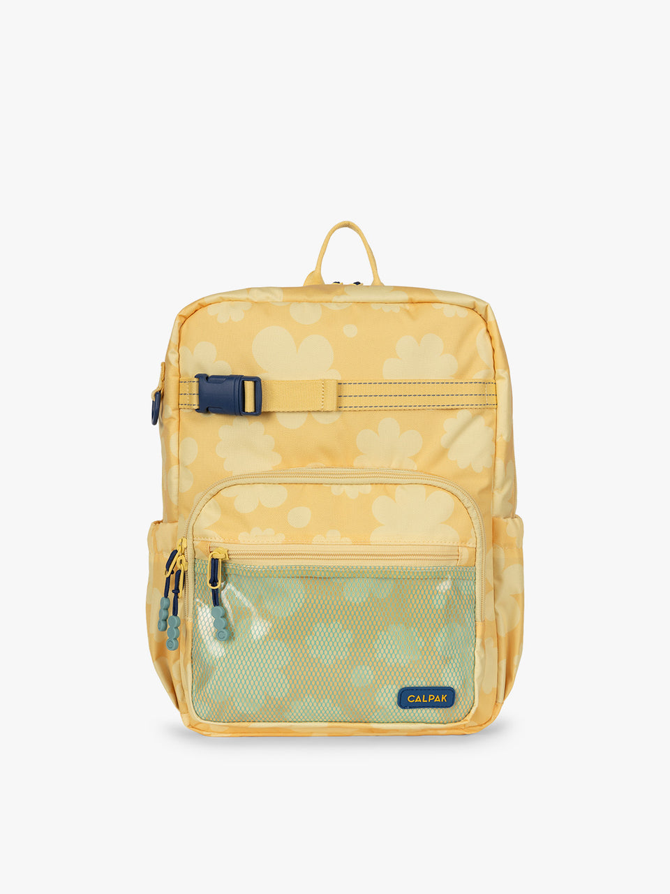 CALPAK Kids Medium Backpack in yellow with tan flower print in Yellow Bloom for ages 5-8 is built for your little one’s big days with yellow zippers and blue mesh front pocket, multiple interior pockets, and padded comfort straps; CKBM2501-YELLOW-BLOOM