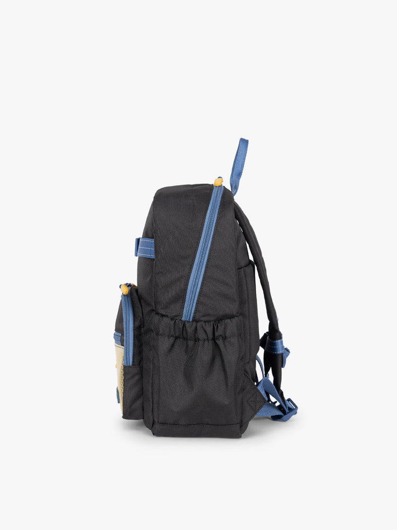 CALPAK Kids Small Backpack in Black for ages 3-5 side view with water bottle holder pocket