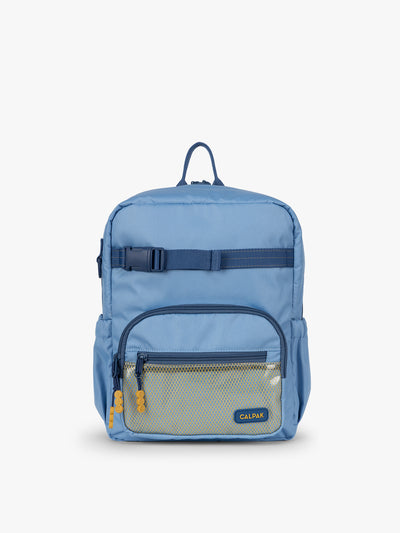 CALPAK Kids Small Backpack in Blue for ages 3-5 is built for your little one’s big days with dark blue zippers and yellow mesh front pocket, multiple interior pockets for an 11” tablet or laptop, and padded comfort straps; CKBS2501-BLUE view 1