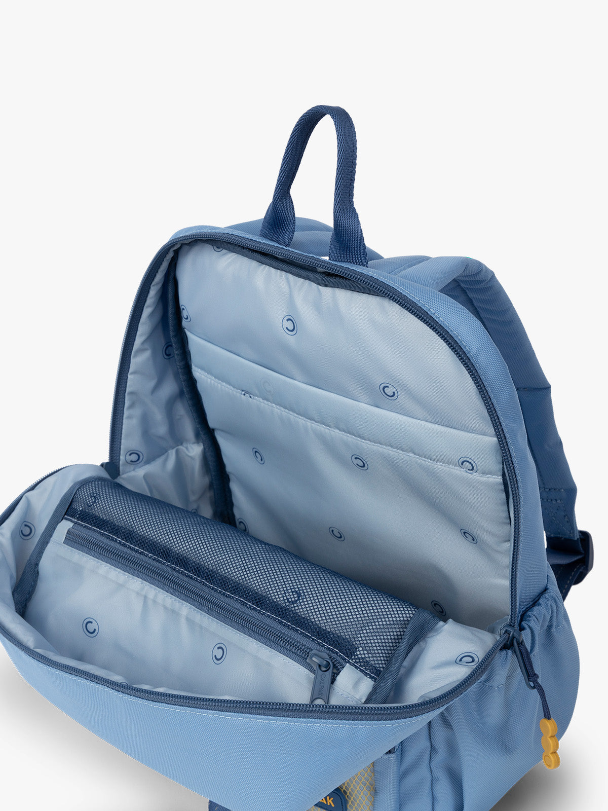 CALPAK Kids Small Backpack in Blue for ages 3-5 opened view with multiple interior pockets and blue lining; CKBS2501-BLUE