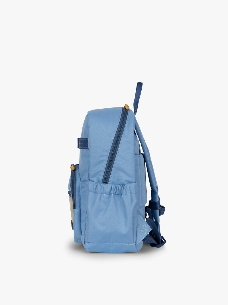 CALPAK Kids Small Backpack in Blue for ages 3-5 side view with water bottle holder pocket