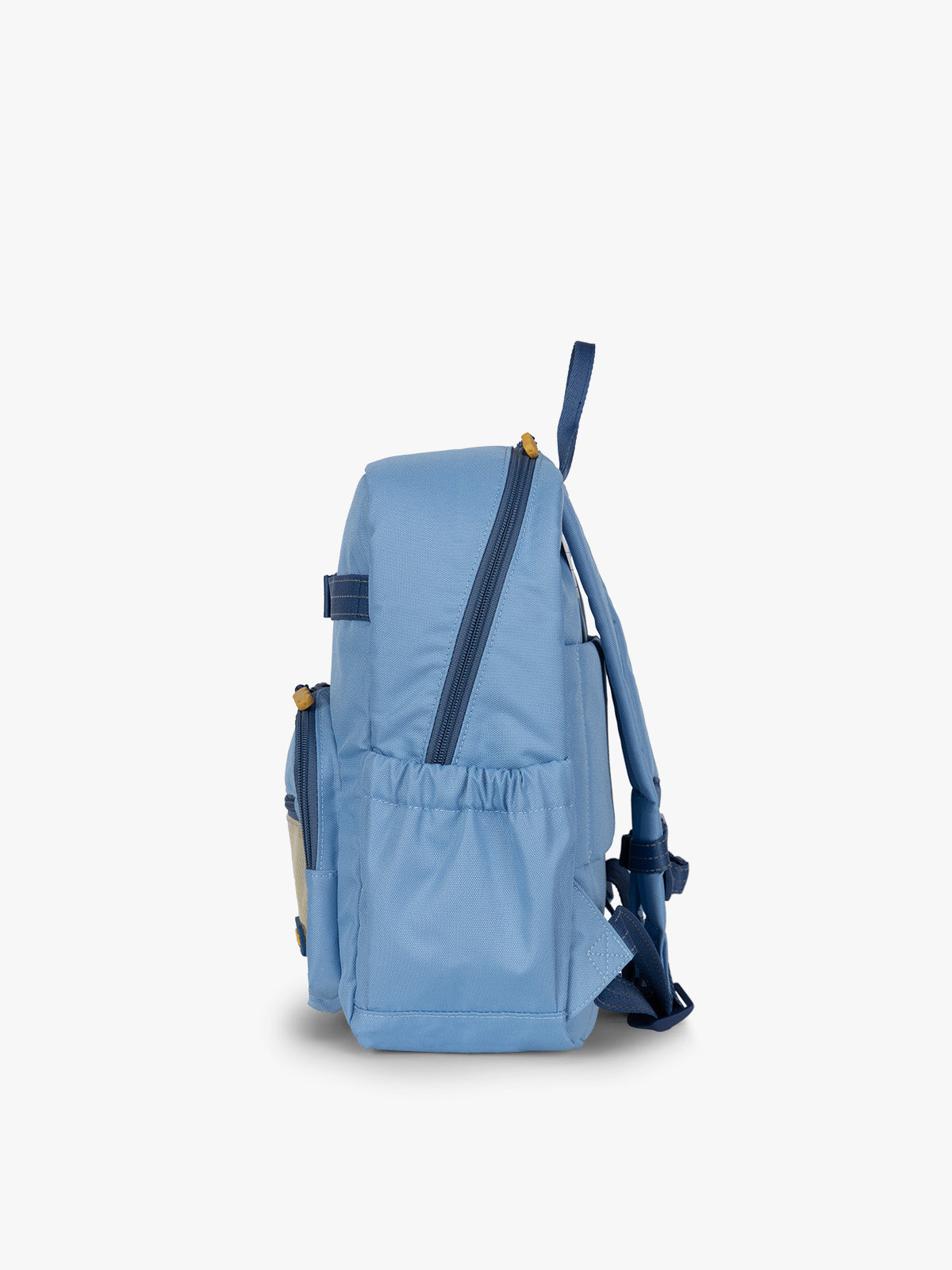 CALPAK Kids Small Backpack in Blue for ages 3-5 side view with water bottle holder pocket; CKBS2501-BLUE