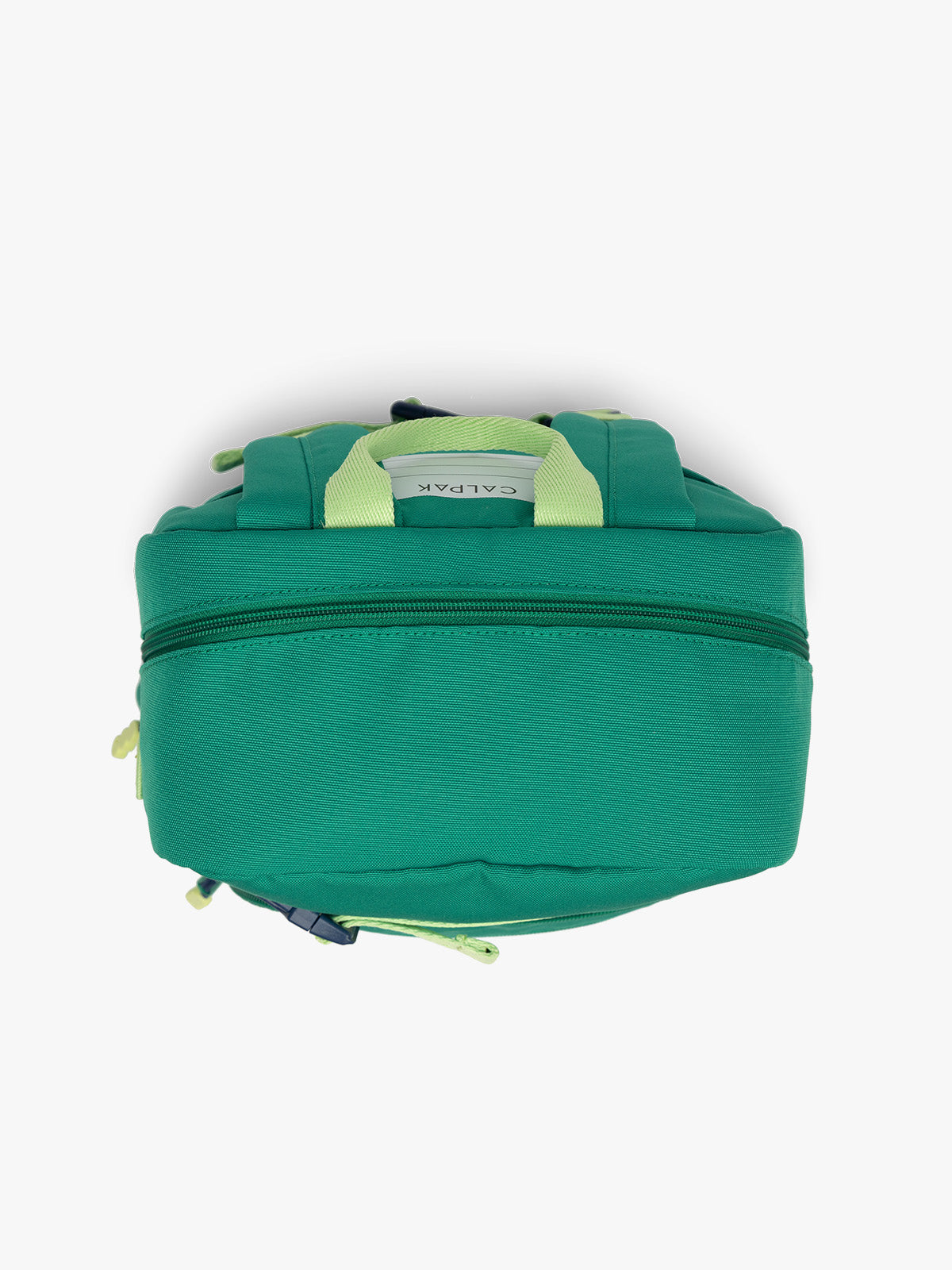 Top view of Green CALPAK Kids Small Backpack with lime green accents on a white background; CKBS2501-GREEN