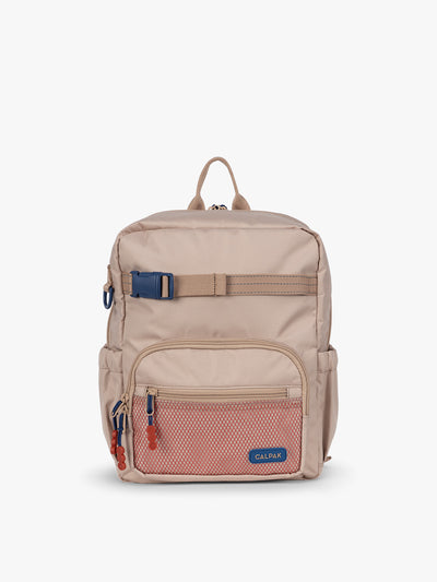 CALPAK Kids Small Backpack in brown and tan Khaki for ages 3-5 is built for your little one’s big days with dark brown and tan zippers and red mesh front pocket, multiple interior pockets for an 11” tablet or laptop, and padded comfort straps; CKBS2501-KHAKI view 1