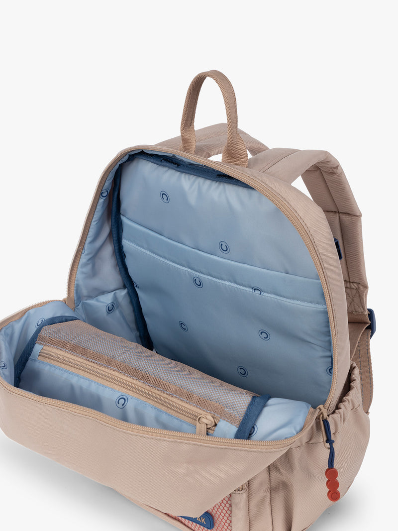 CALPAK Kids Small Backpack in brown and tan Khaki for ages 3-5 opened view with multiple interior pockets and blue lining