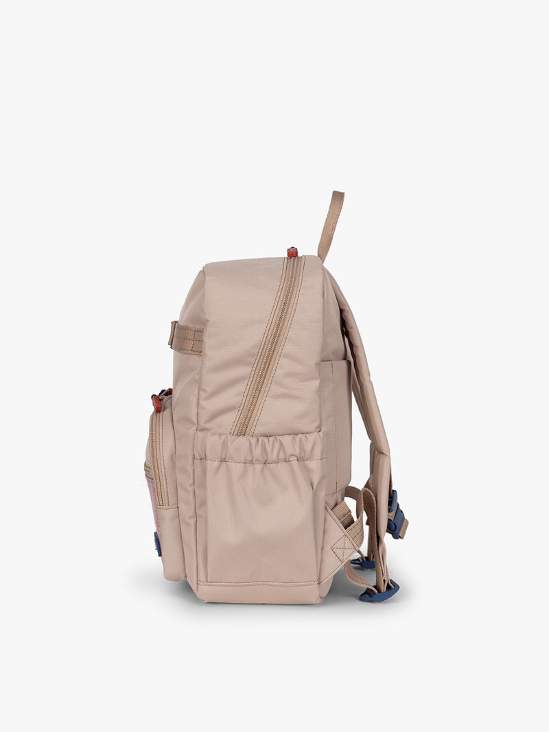 CALPAK Kids Small Backpack in brown and tan Khaki for ages 3-5 side view with water bottle holder pocket