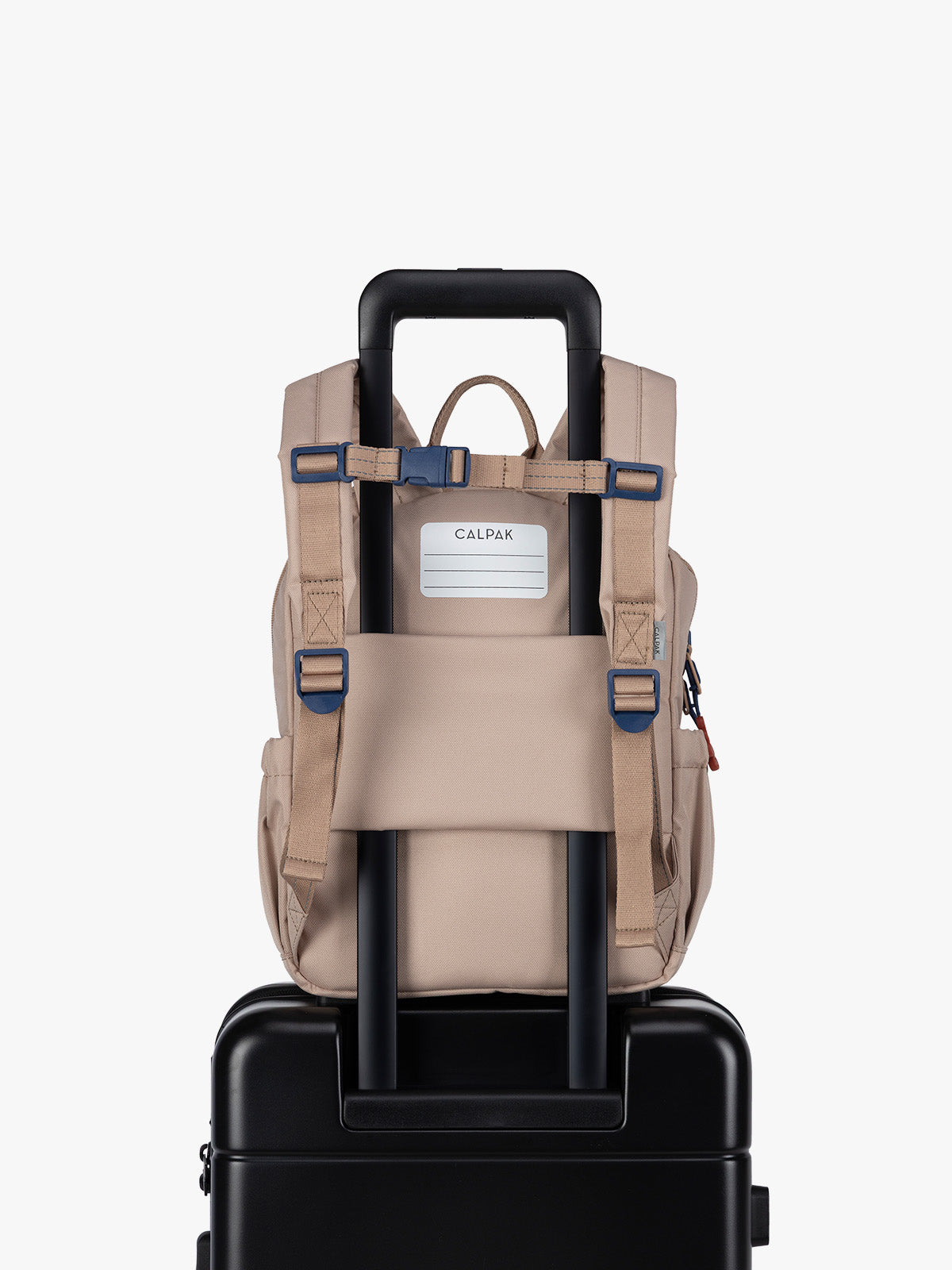 CALPAK Kids Small Backpack in brown and tan Khaki with back luggage trolley sleeve; CKBS2501-KHAKI