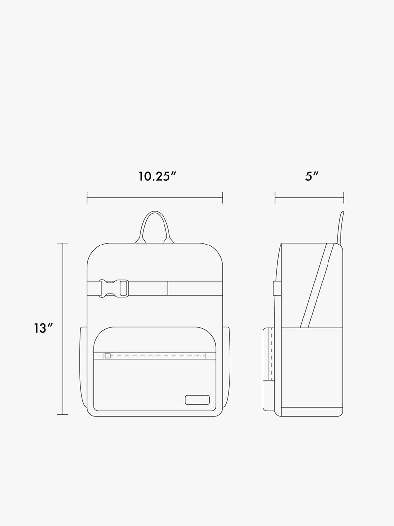 CALPAK Kids Small Backpack line drawing of measurements 13" x 10.25" x 5"