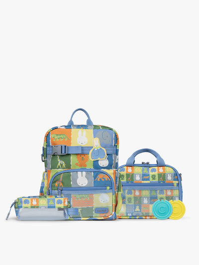Colorful CALPAK + Miffy Kids Essentials Set with children's Small backpack, lunch bag , pencil case set on a white background with blue accents and Miffy with other animals; BCKS5000-MIFFY-BLUE-ZOO-TRIP view 1