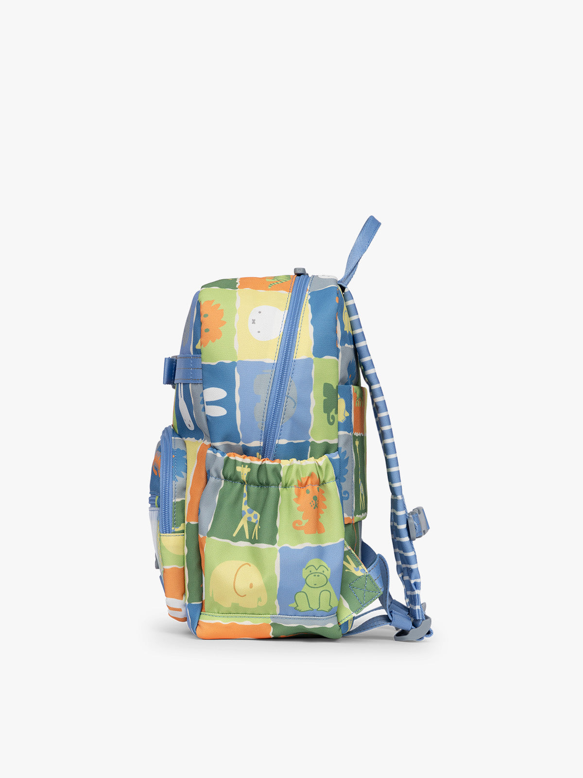 Side view of CALPAK Kids Small Backpack with Miffy and blue colorful animal pattern on a white background; CKBS2501-MIFFY-BLUE-ZOO-TRIP