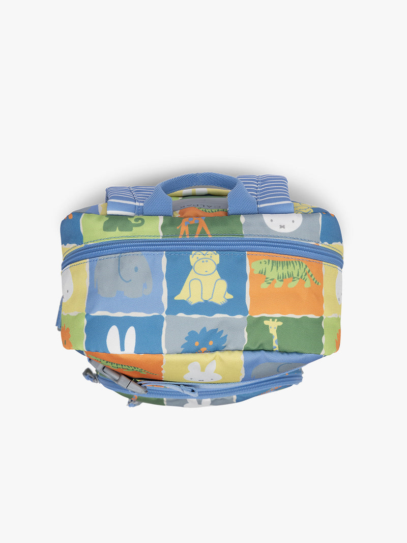 Top view of CALPAK Kids Small Backpack with Miffy and blue colorful animal pattern on a white background