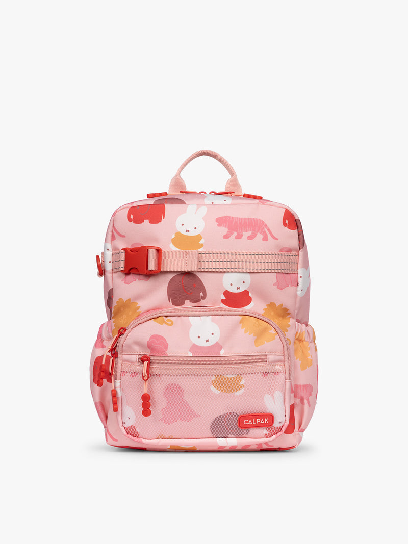 CALPAK Kids Small Backpack with Miffy and pink colorful animal pattern on a white background