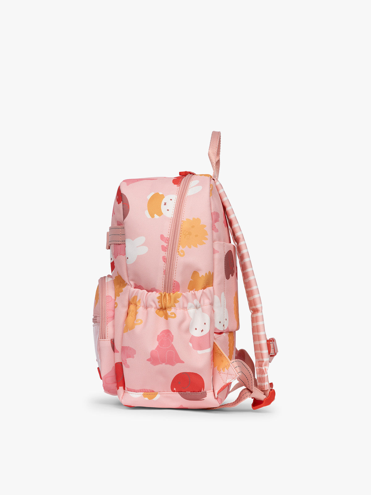 Side view of CALPAK Kids Small Backpack with Miffy and pink colorful animal pattern on a white background; CKBS2501-MIFFY-PINK-ZOO-TRIP