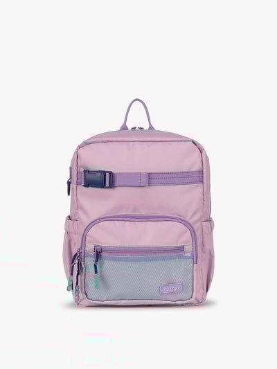 CALPAK Kids Small Backpack in lavender pink Orchid Pink for ages 3-5 is built for your little one’s big days with lavender pink  zippers and blue mesh front pocket, multiple interior pockets for an 11” tablet or laptop, and padded comfort straps; CKBS2501-ORCHID-PINK