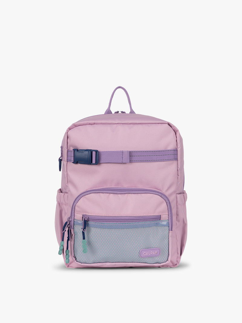 CALPAK Kids Small Backpack in lavender pink Orchid Pink for ages 3-5 is built for your little one’s big days with lavender pink zippers and blue mesh front pocket, multiple interior pockets for an 11” tablet or laptop, and padded comfort straps