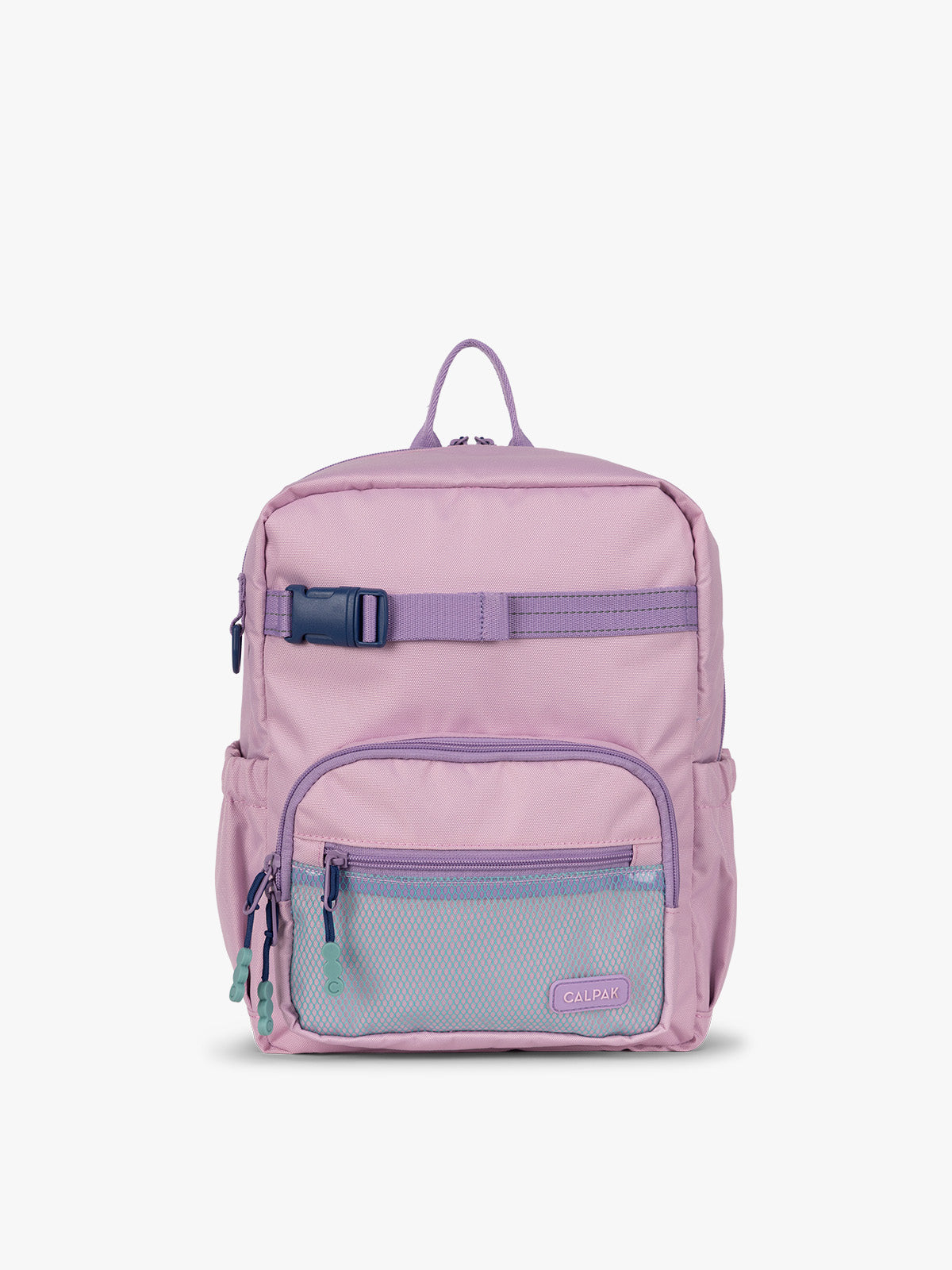 CALPAK Kids Small Backpack in lavender pink Orchid Pink for ages 3-5 is built for your little one’s big days with lavender pink  zippers and blue mesh front pocket, multiple interior pockets for an 11” tablet or laptop, and padded comfort straps; CKBS2501-ORCHID-PINK