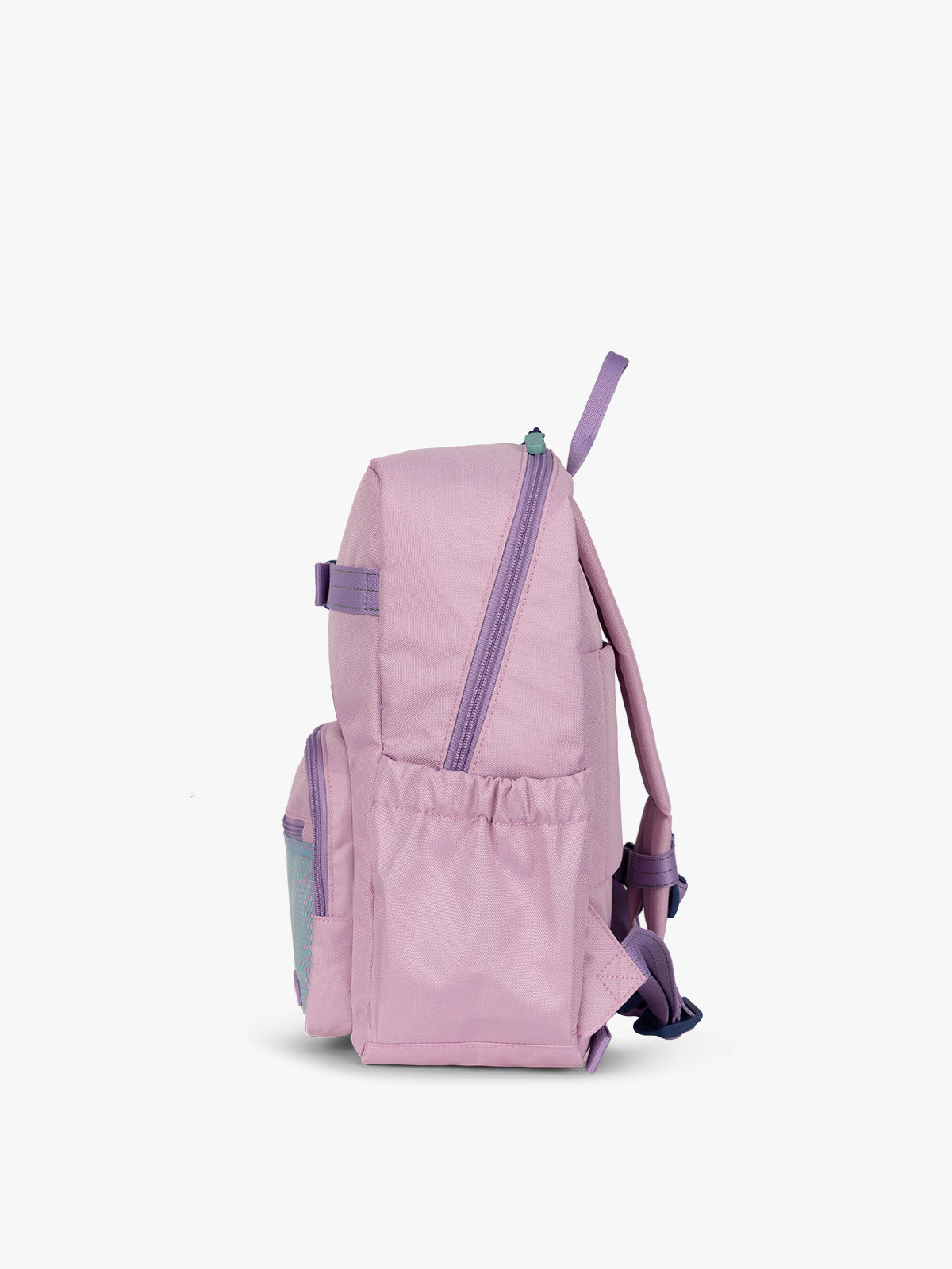 CALPAK Kids Small Backpack in lavender pink Orchid Pink for ages 3-5 side view with water bottle holder pocket; CKBS2501-ORCHID-PINK