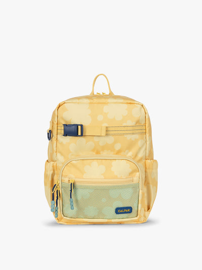 CALPAK Kids Small Backpack in yellow with tan flower print in Yellow Bloom for ages 3-5 is built for your little one’s big days with yellow zippers and blue mesh front pocket, multiple interior pockets for an 11” tablet or laptop, and padded comfort straps; CKBS2501-YELLOW-BLOOM view 1