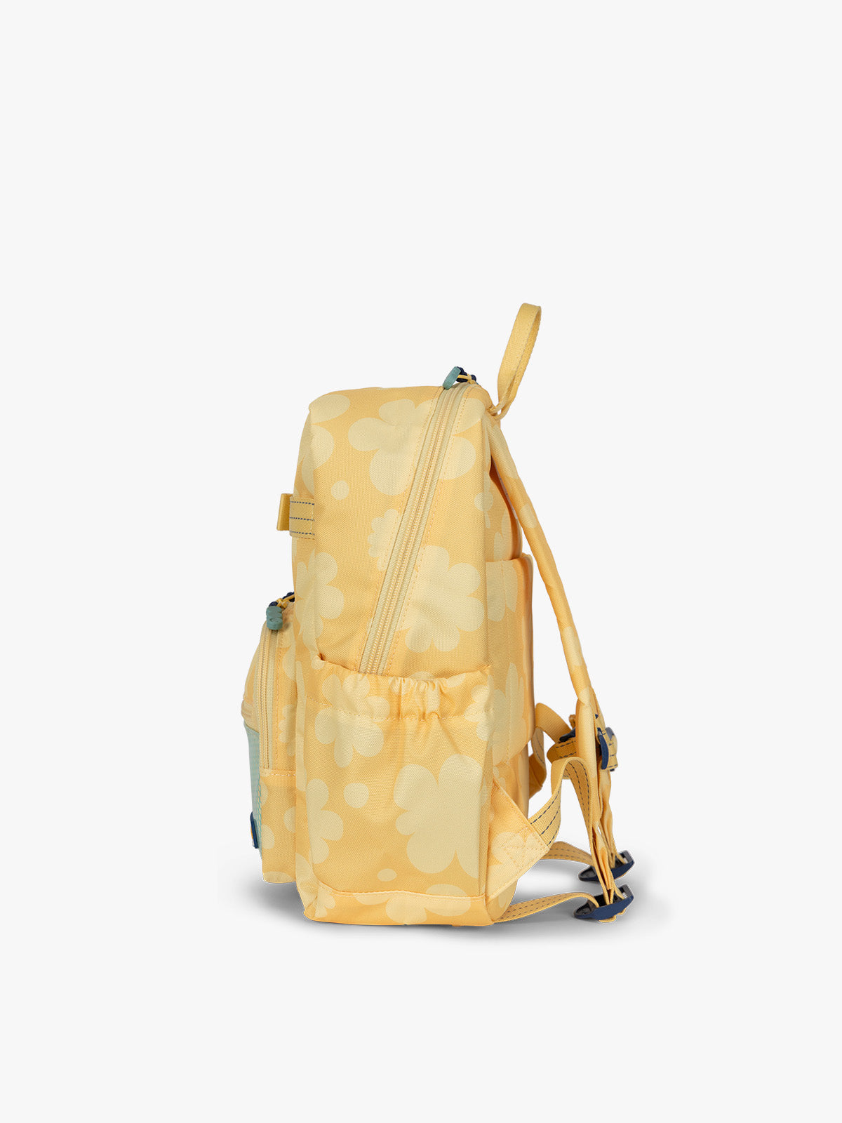 CALPAK Kids Small Backpack in yellow with tan flower print in Yellow Bloom for ages 3-5 side view with water bottle holder pocket; CKBS2501-YELLOW-BLOOM