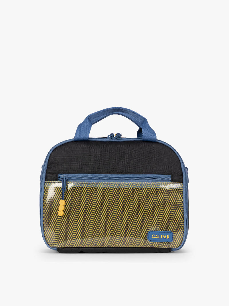 CALPAK Kids Lunch Bag in Black front view with blue zippers and yellow mesh front pocket, water-proof lining, insulated, multiple interior pockets, and back name tag
