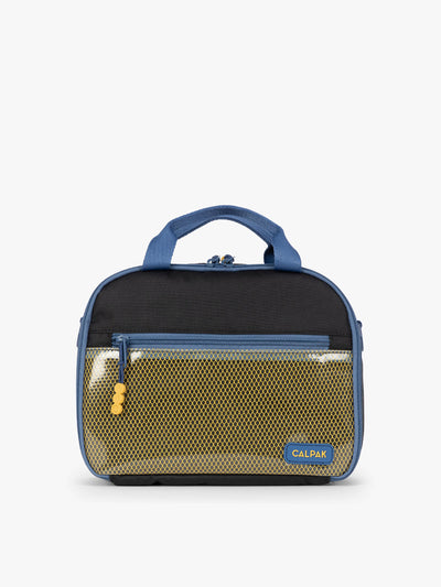 CALPAK Kids Lunch Bag in Black front view with blue zippers and yellow mesh front pocket, water-proof lining, insulated, multiple interior pockets, and back name tag; CKLB2501-BLACK view 1