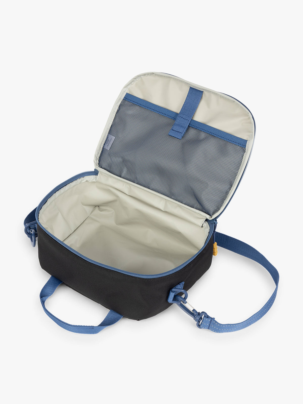 CALPAK Kids Lunch Bag in Black opened view with water-proof lining, insulated, and mesh pocket; CKLB2501-BLACK