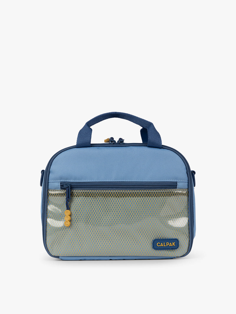 CALPAK Kids Lunch Bag in Blue front view with dark blue zippers and yellow mesh front pocket, water-proof lining, insulated, multiple interior pockets, and back name tag