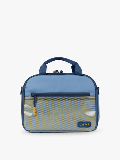 CALPAK Kids Lunch Bag in Blue front view with dark blue zippers and yellow mesh front pocket, water-proof lining, insulated, multiple interior pockets, and back name tag; CKLB2501-BLUE  view 1