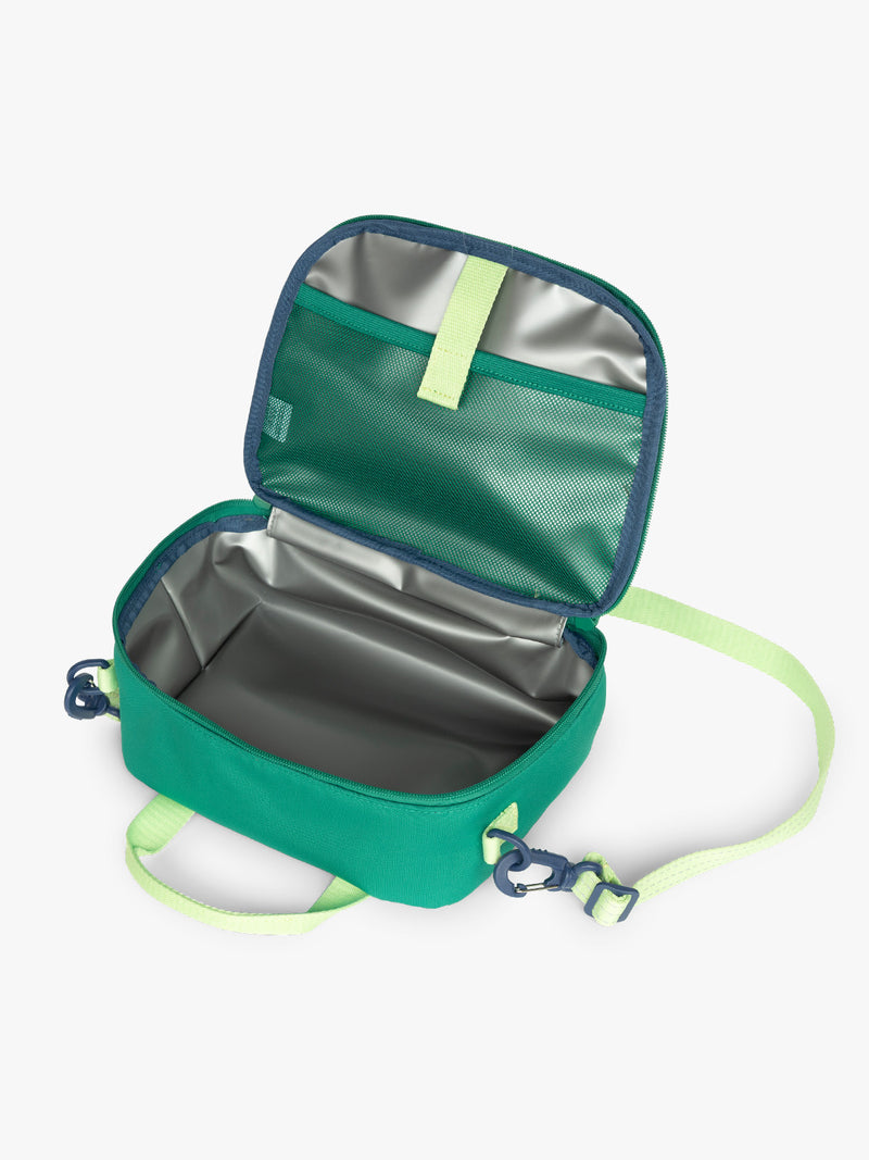 Opened view of insulated Green CALPAK Kids Lunch Bag with lime green accents and front mesh pocket on a white background