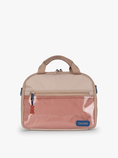 CALPAK Kids Lunch Bag in brown and tan Khaki front view with tan brown zippers and red mesh front pocket, water-proof lining, insulated, multiple interior pockets, and back name tag; CKLB2501-KHAKI  view 1
