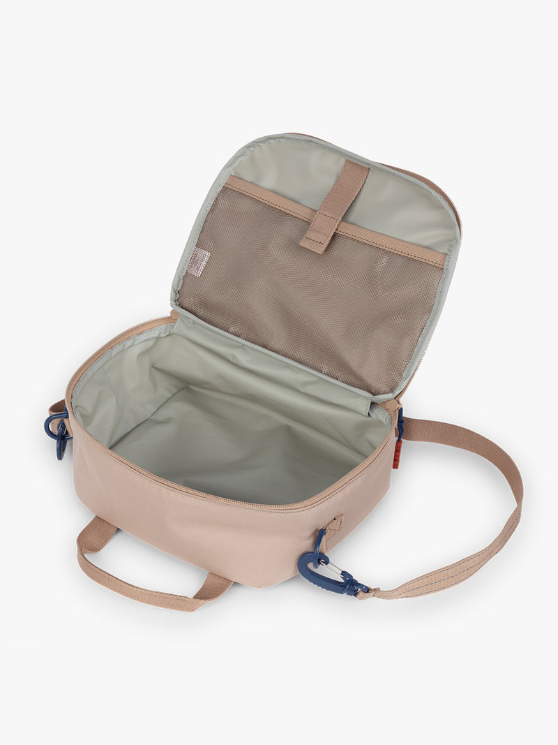 CALPAK Kids Lunch Bagin brown and tan Khaki opened view with water-proof lining, insulated, and mesh pocket