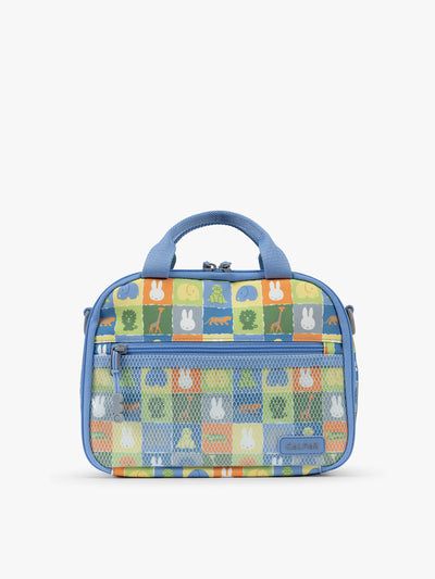 Front side of CALPAK Kids Lunch Bag with Miffy and animal pattern with mesh front pocket and top handles on a white background; CKLB2501-MIFFY-BLUE-ZOO-TRIP view 1