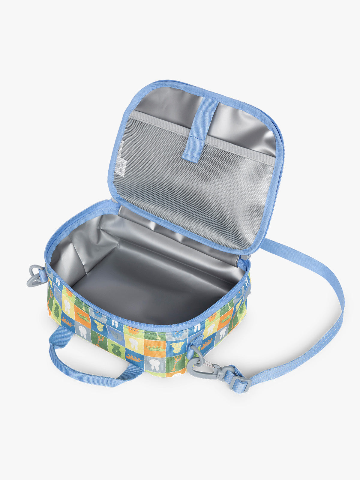Opened view that shows insulated feature of blue CALPAK Kids Lunch Bag with Miffy and animal pattern with mesh front pocket and top handles on a white background; CKLB2501-MIFFY-BLUE-ZOO-TRIP