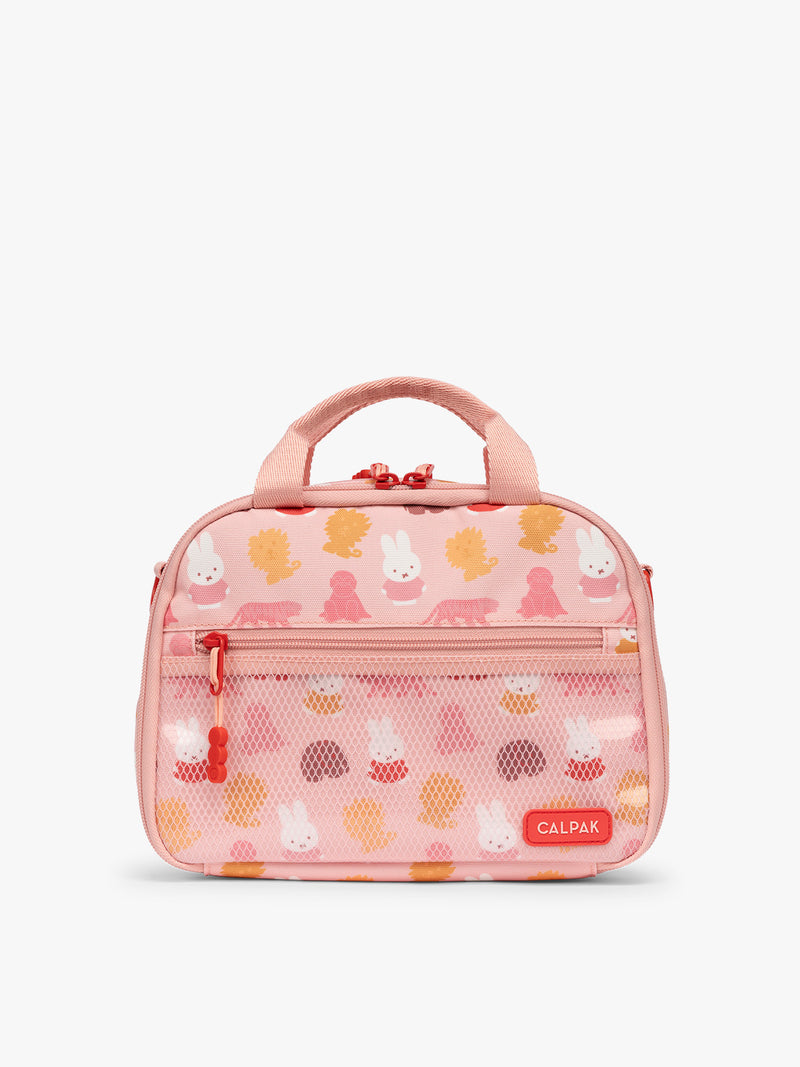 Pink CALPAK Kids Lunch Bag with Miffy and animal pattern with mesh front pocket and top handles on a white background