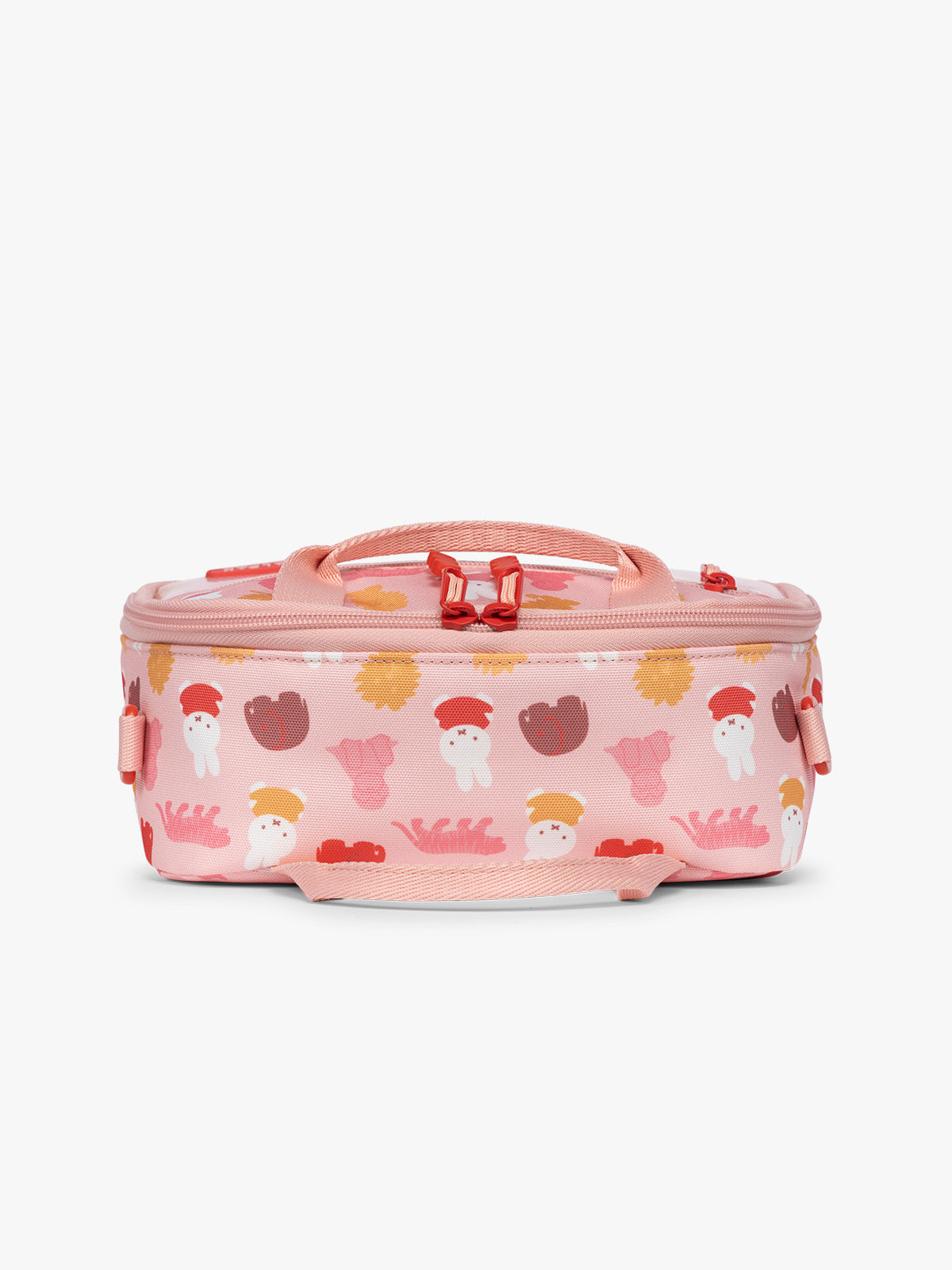Pink CALPAK Kids Lunch Bag with Miffy and animal pattern with mesh front pocket and top handles on a white background that shows height; CKLB2501-MIFFY-PINK-ZOO-TRIP